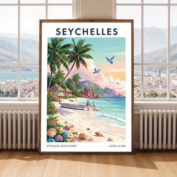 Seychelles Fishing Boat Tropical Beach Retro Travel Poster Art
