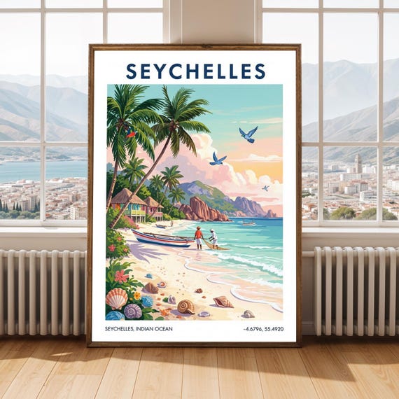 Seychelles Tropical Paradise Print Coastal Beach Illustration