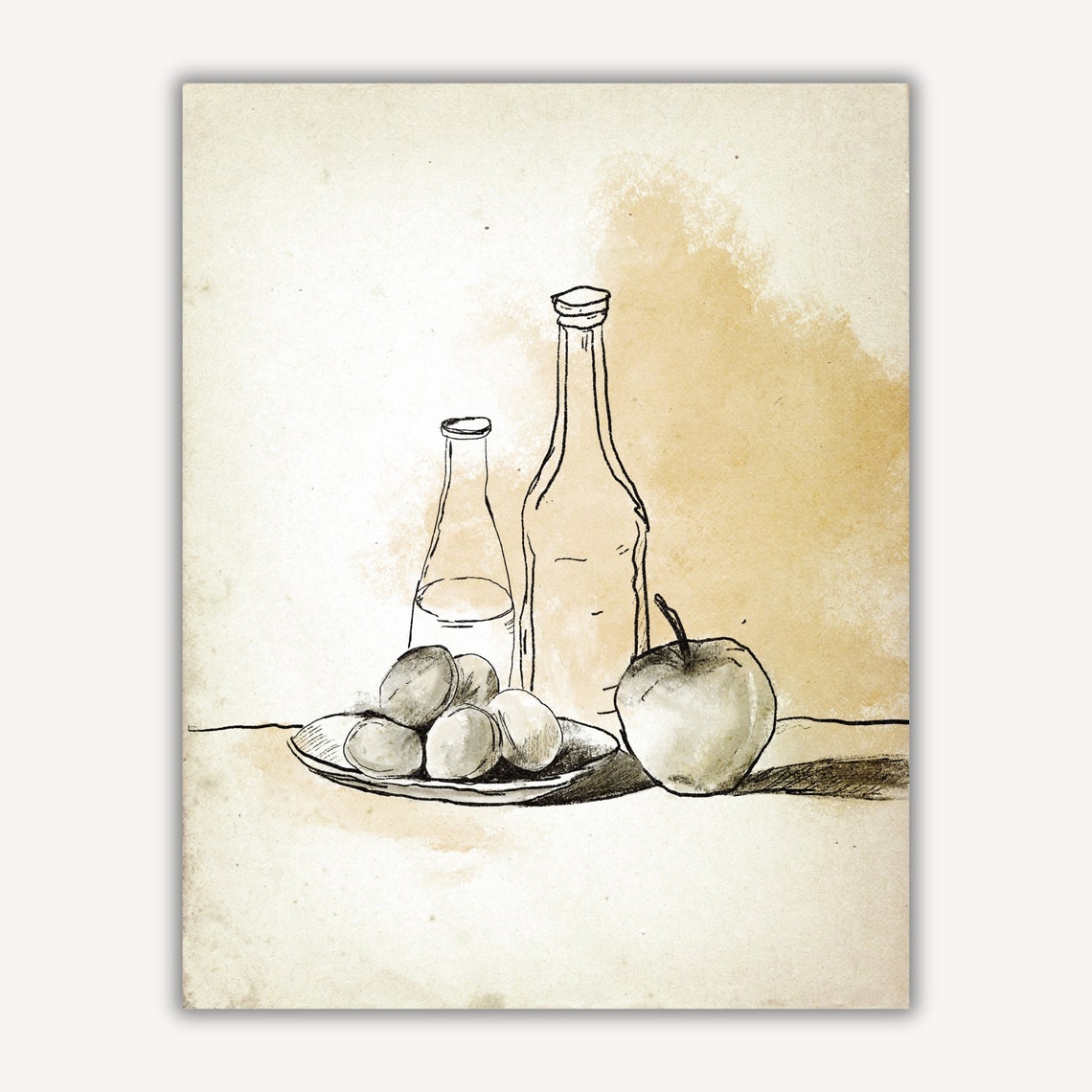 Vintage Still Life Sketch Bottles Plate Plums Apple Neutral Wall Art - Image 2