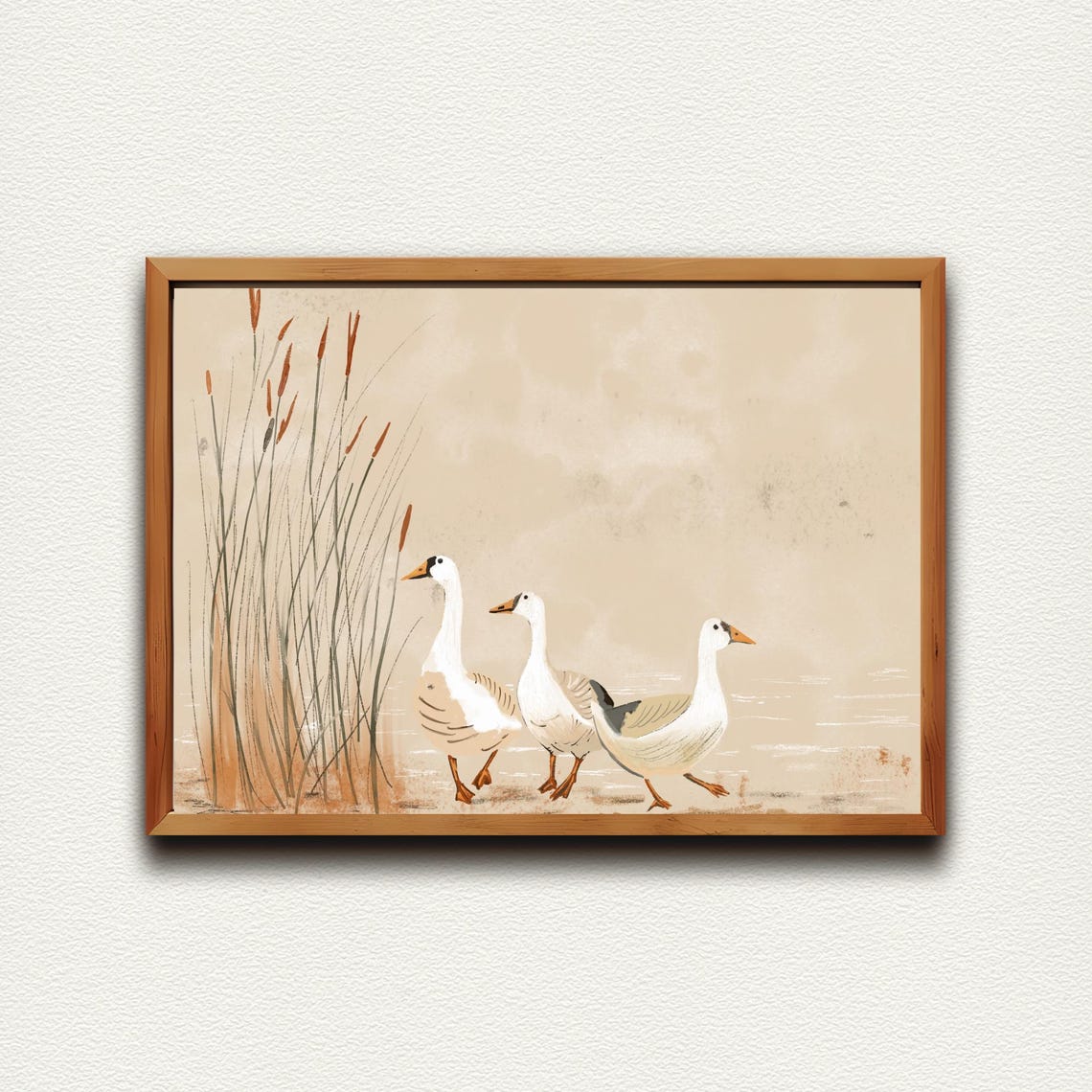 Three White Geese Waddling By Tall Reeds Neutral Toned Wall Art - Image 2