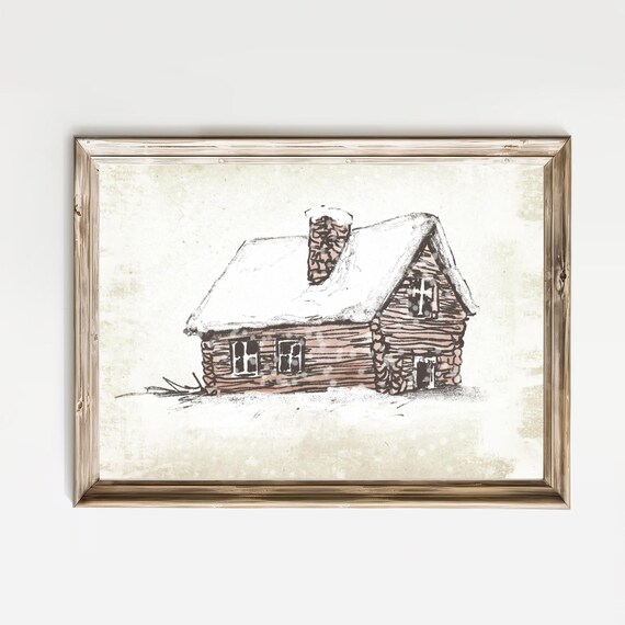 Snow Covered Rustic Log Cabin Winter Watercolor Sketch Poster