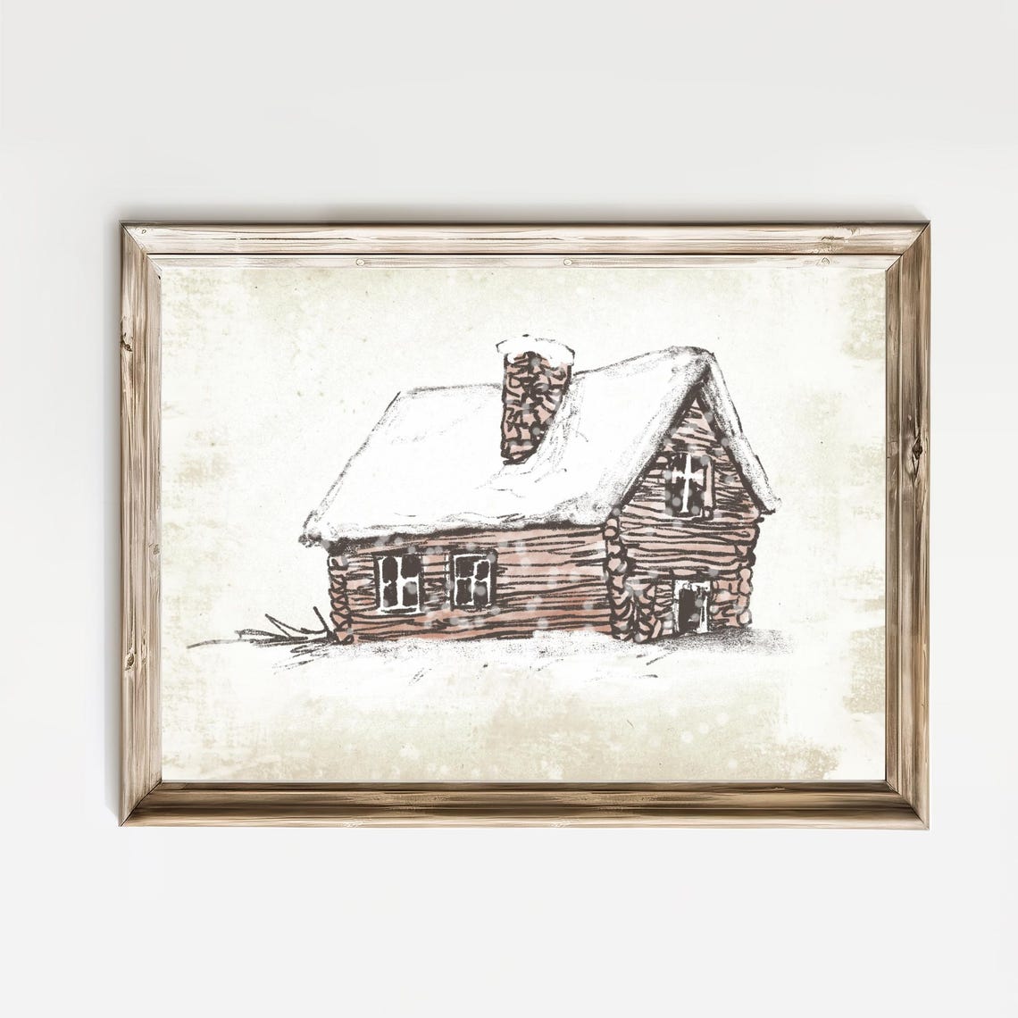 Snow Covered Rustic Log Cabin Winter Watercolor Sketch Poster