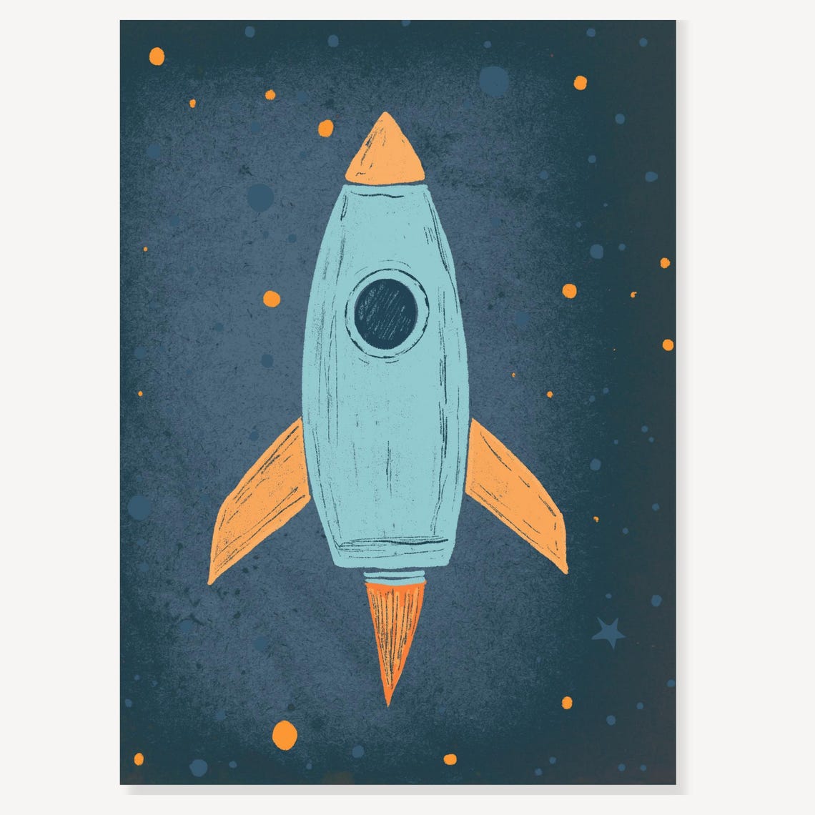 Vintage Blue Rocket Ship Nursery Outer Space Cartoon Art Poster - Image 2