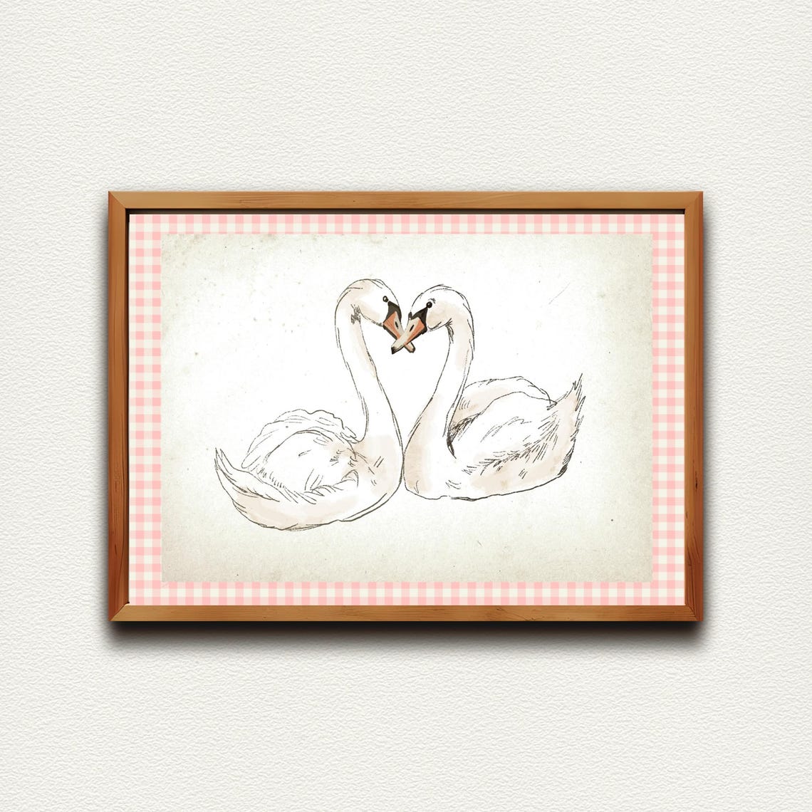 Swans Forming Heart Pink Gingham Border Romantic Decor Art Print - Image 4