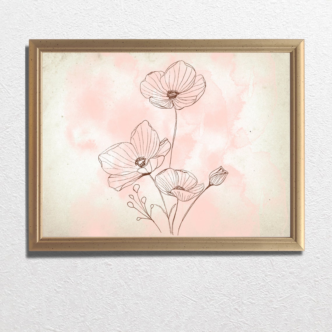 Pink Poppy Flowers Line Drawing Botanical Floral Nursery Wall Art