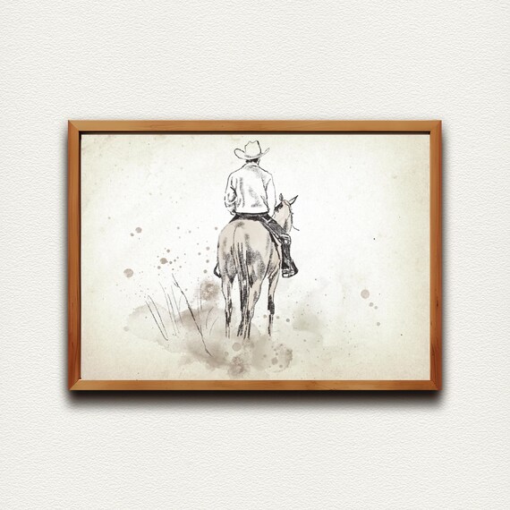 Cowboy Riding His Horse into the Distance Vintage Art Poster