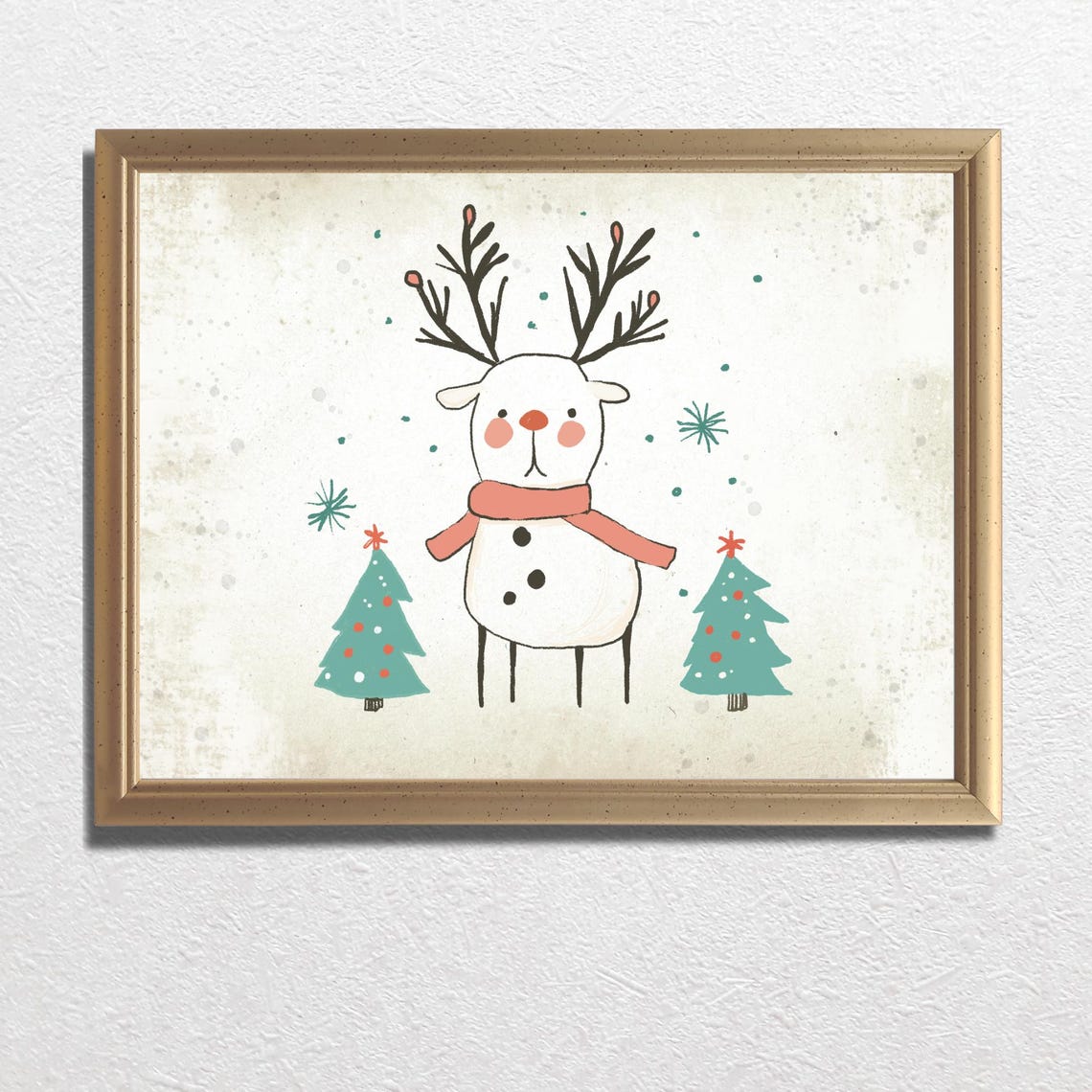 Cheerful Reindeer with Red Scarf and Twin Christmas Trees Poster - Image 3