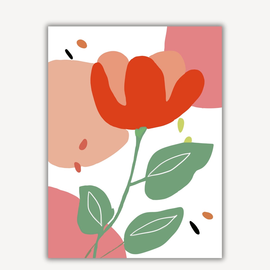 Bold Red-Orange Poppy Abstract Bloom Green Leaves Floral Poster - Image 3