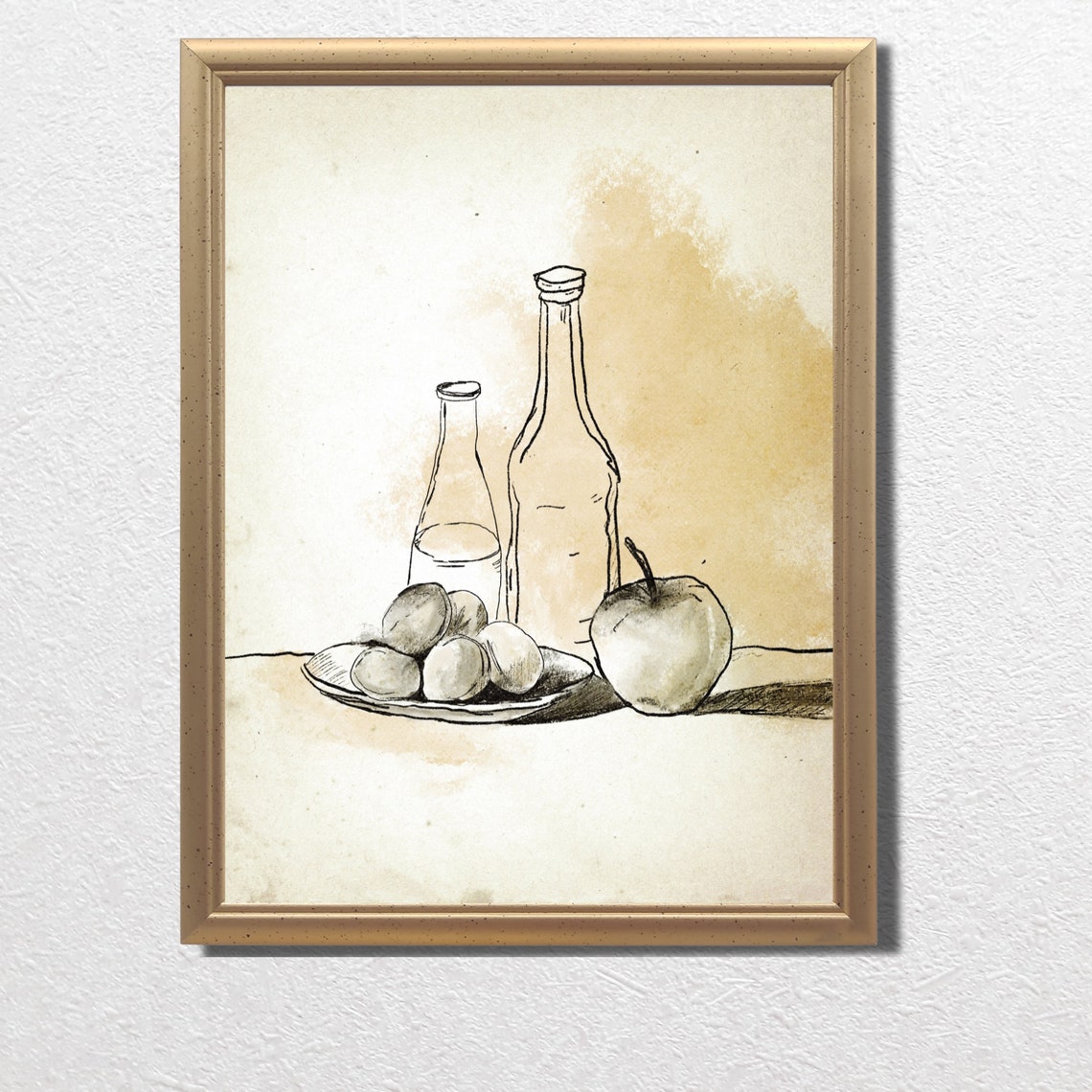 Vintage Still Life Sketch Bottles Plate Plums Apple Neutral Wall Art - Image 3