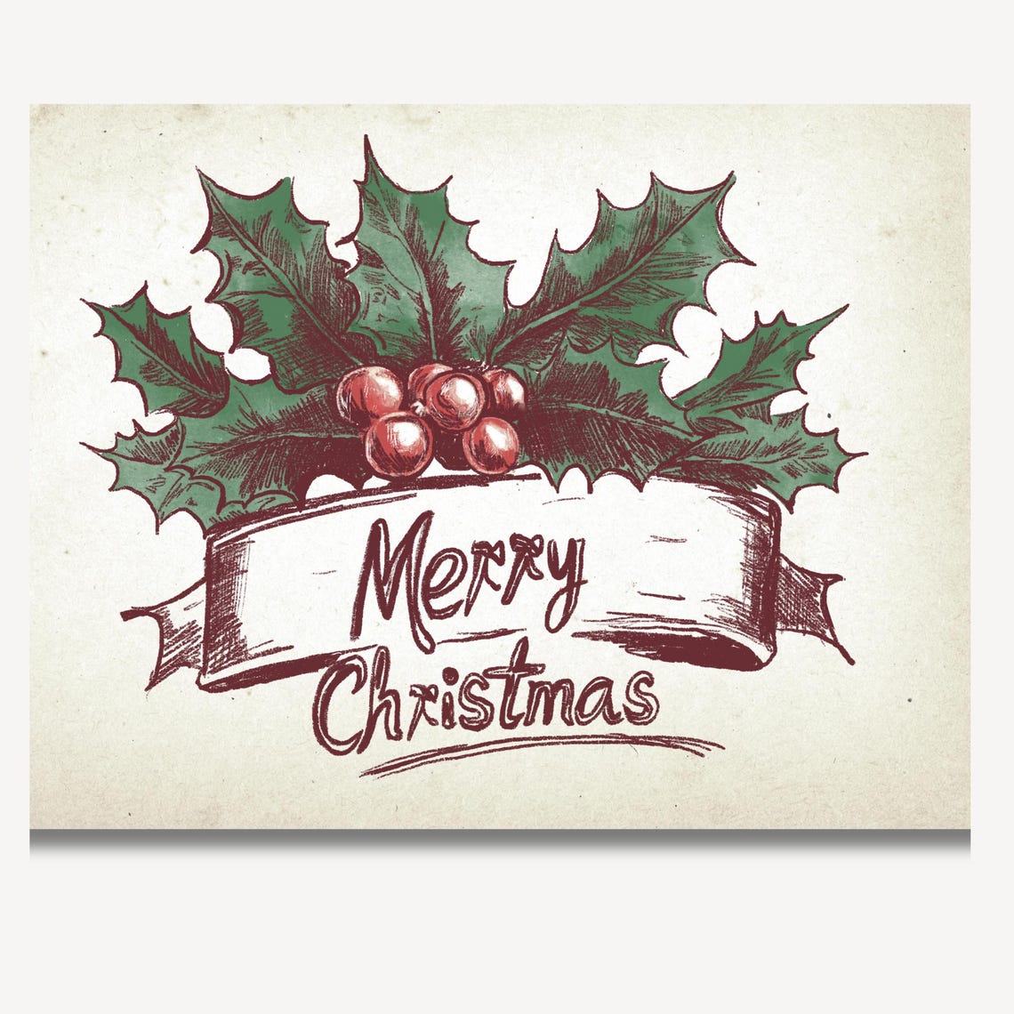Merry Christmas Ribbon Banner With Holly Berries Vintage Poster - Image 2