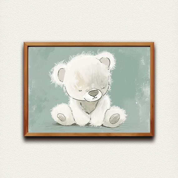 Fluffy White Teddy Bear on Teal Nursery Illustration Art Print