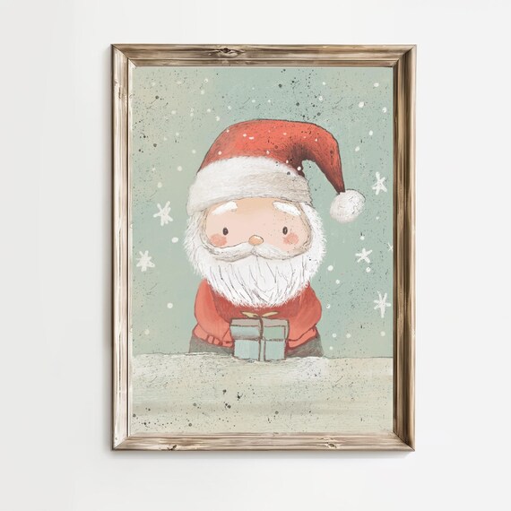 Watercolor Santa Holding Gift in Snowfall Christmas Art Print