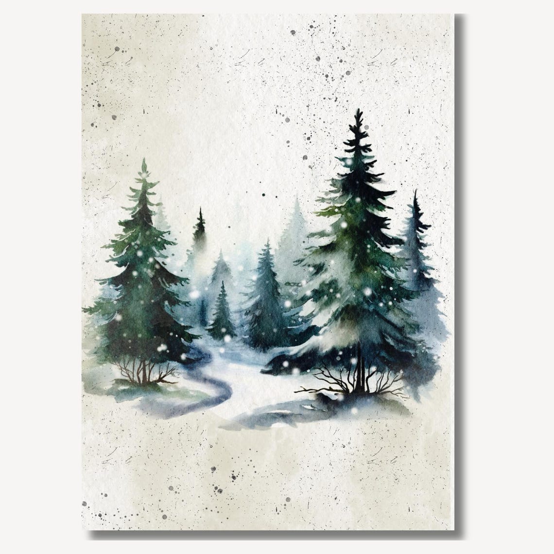 Snowy Pine Forest Watercolor Misty Winter Night Landscape Poster - Image 2