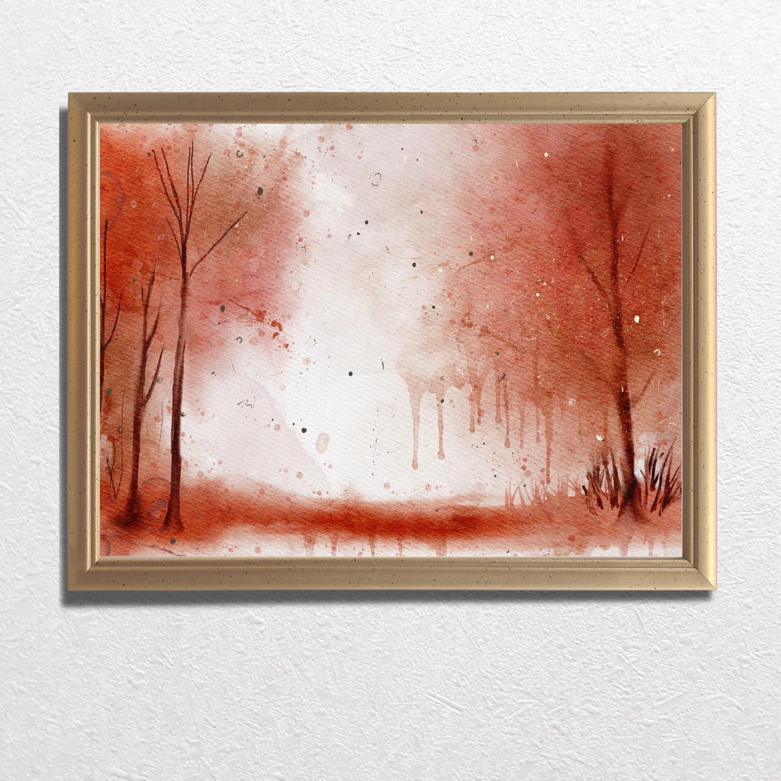 Red Autumn Forest Watercolor Bare Trees Misty Fall Landscape Poster - Image 3