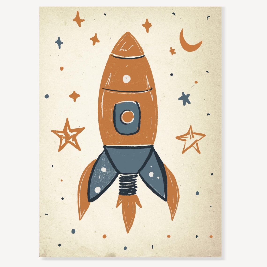 Retro Orange Rocket Ship Among Stars Nursery Space Room Poster - Image 2