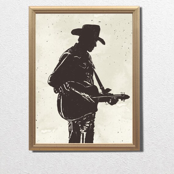 Cowboy Silhouette Playing Guitar in Vintage Western Art Poster