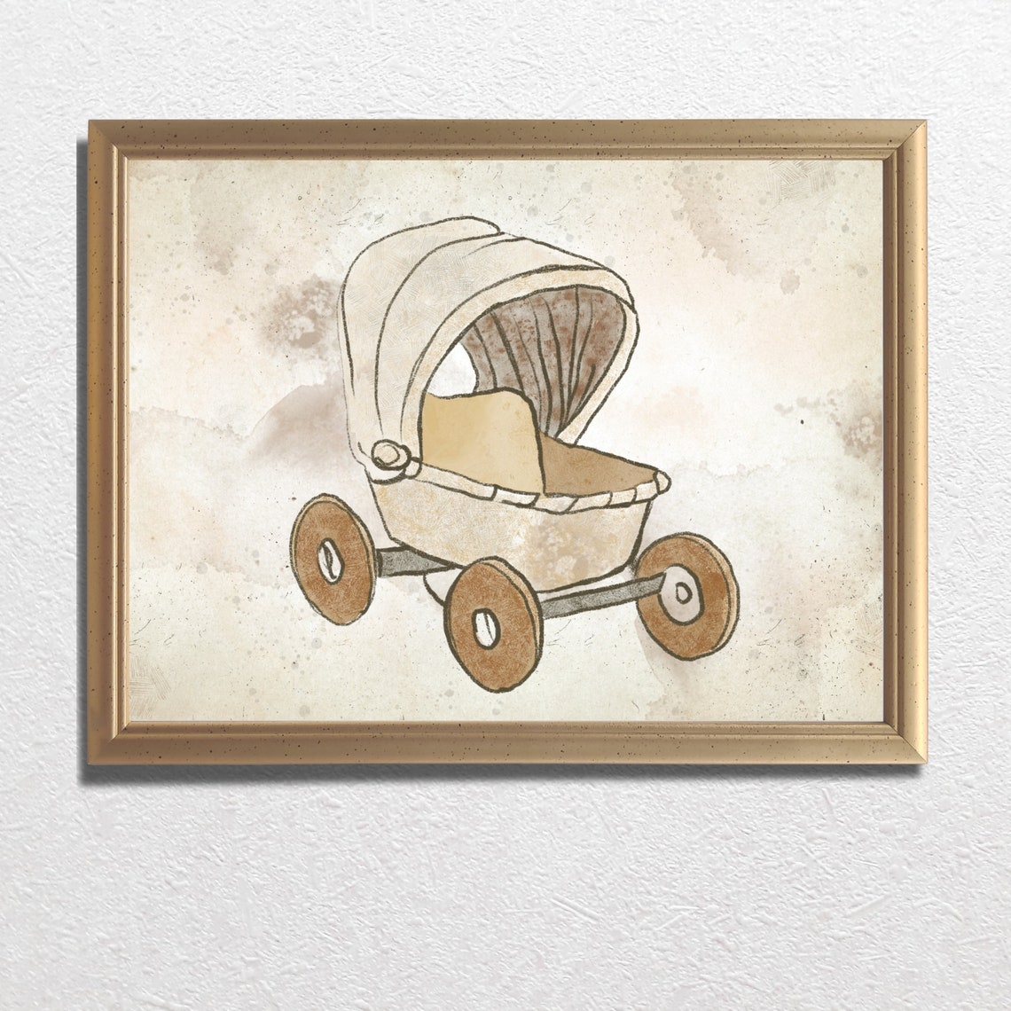 Victorian Baby Pram Watercolor Illustration Neutral Nursery Poster