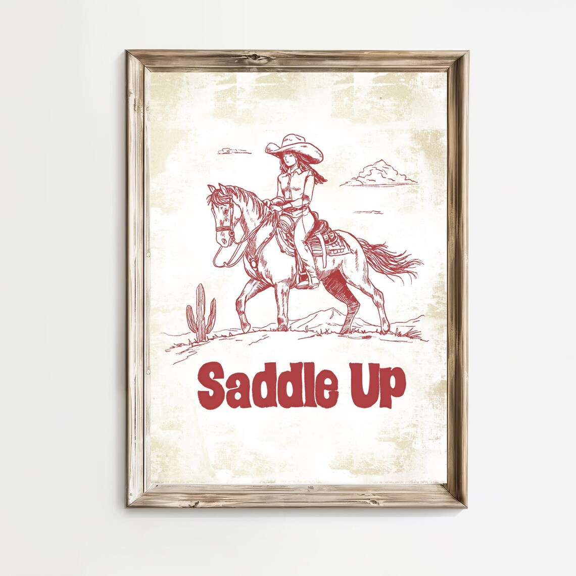 Saddle Up Cowgirl Horseback Desert Western Vintage Sketch Poster