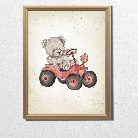 Teddy Bear Riding Red Tractor Front View Nursery Room Poster