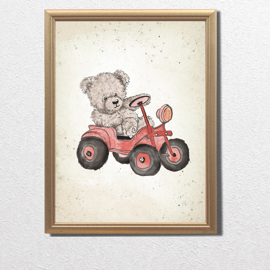 Teddy Bear Riding Red Tractor Front View Nursery Room Poster