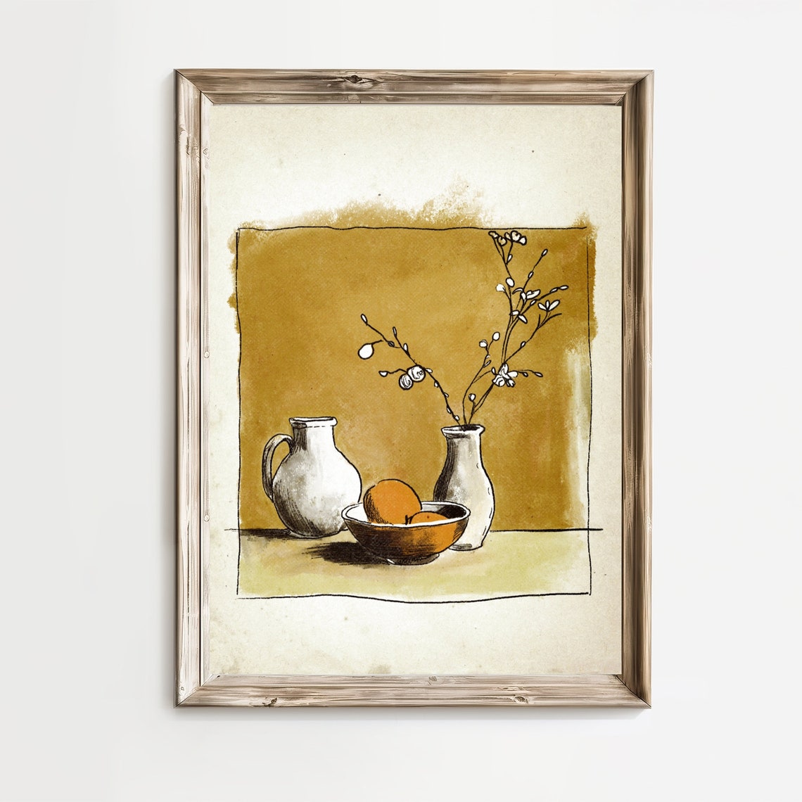 Rustic Still Life Pitcher Vase Blossoms Bowl Oranges Ochre Poster