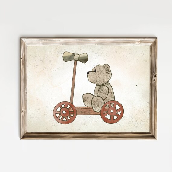 Teddy Bear Riding Vintage Wooden Toy Scooter Nursery Art Poster