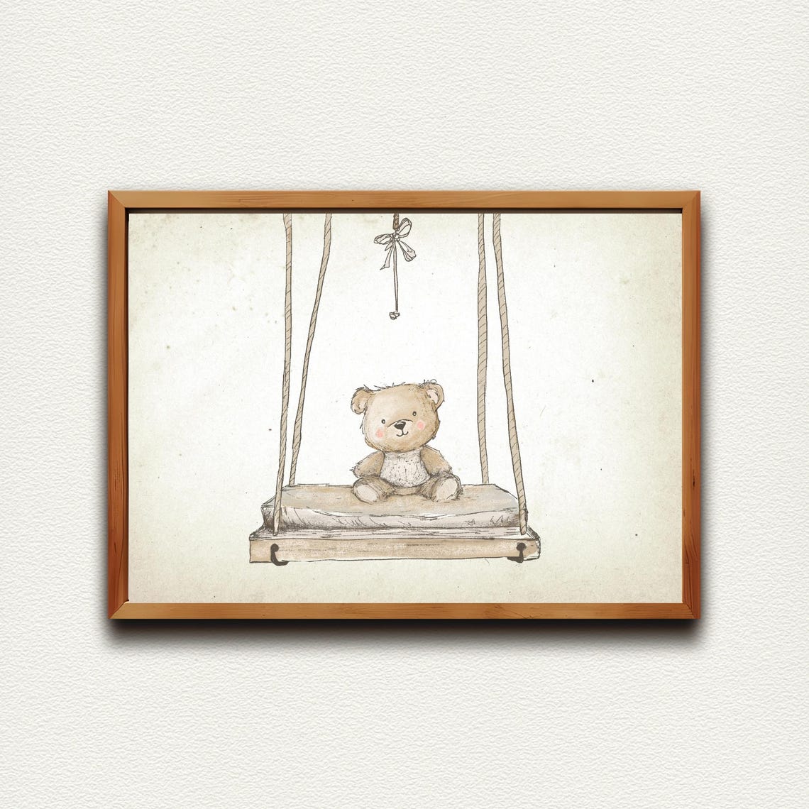 Vintage Teddy Bear Sitting on Rope Swing Sketch Nursery Print - Image 4