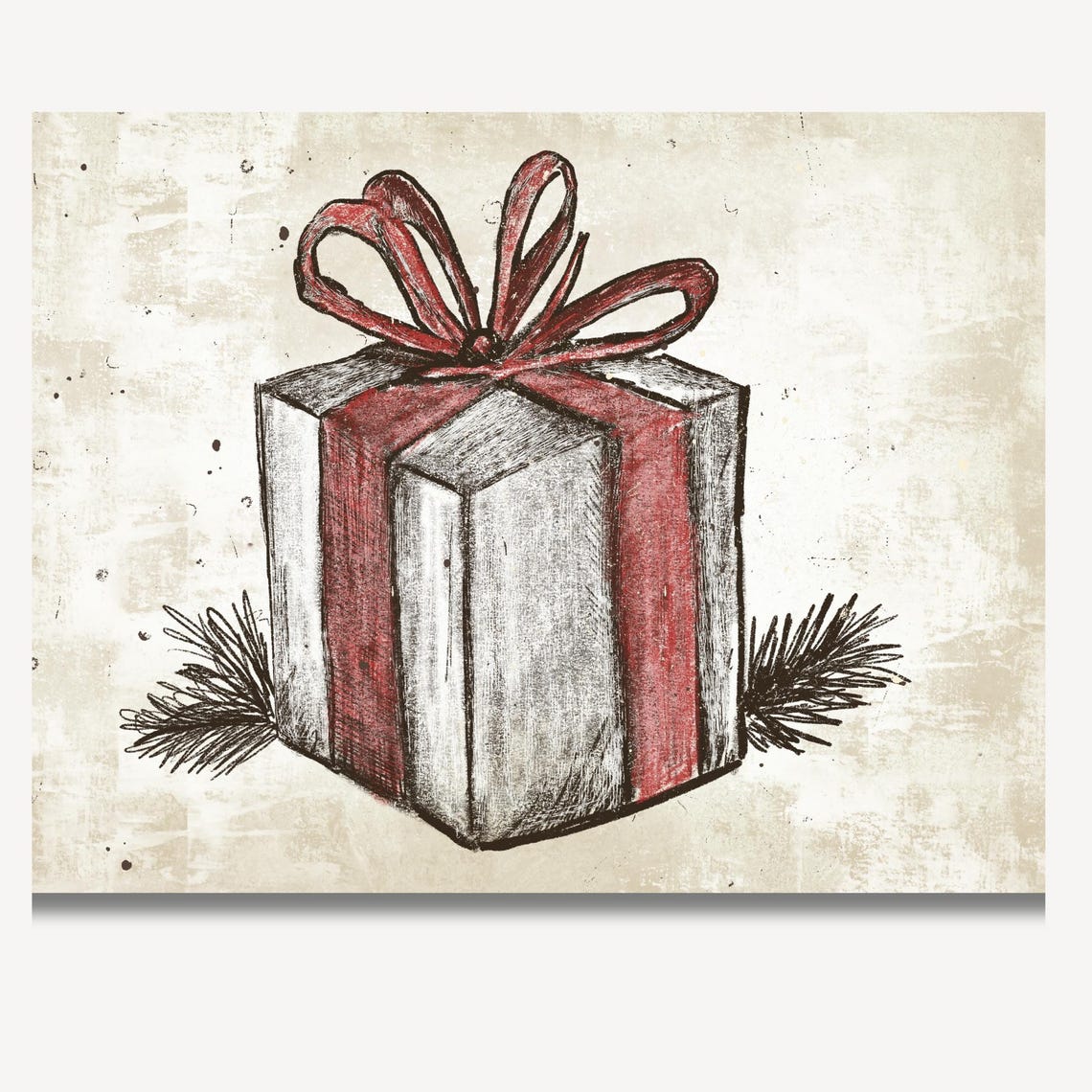 Wrapped Gift Box With Big Red Ribbon Bow Vintage Christmas Poster - Image 2