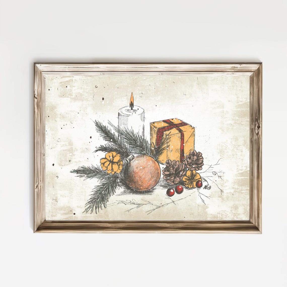 Lit Candle Gift Box Bauble Pinecones Rustic Christmas Art Poster