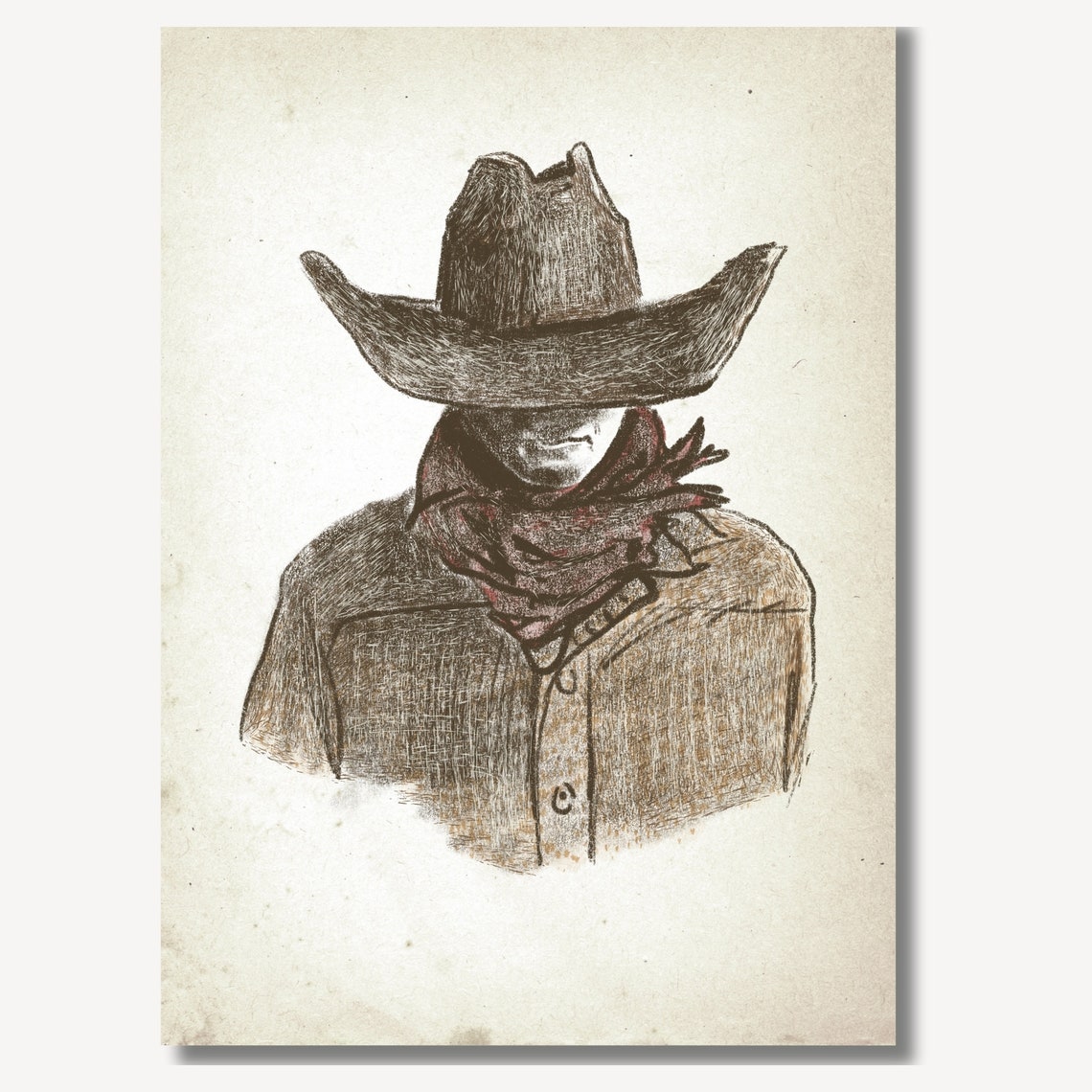 Mysterious Cowboy Portrait Sketch With Bandana Western Poster - Image 2