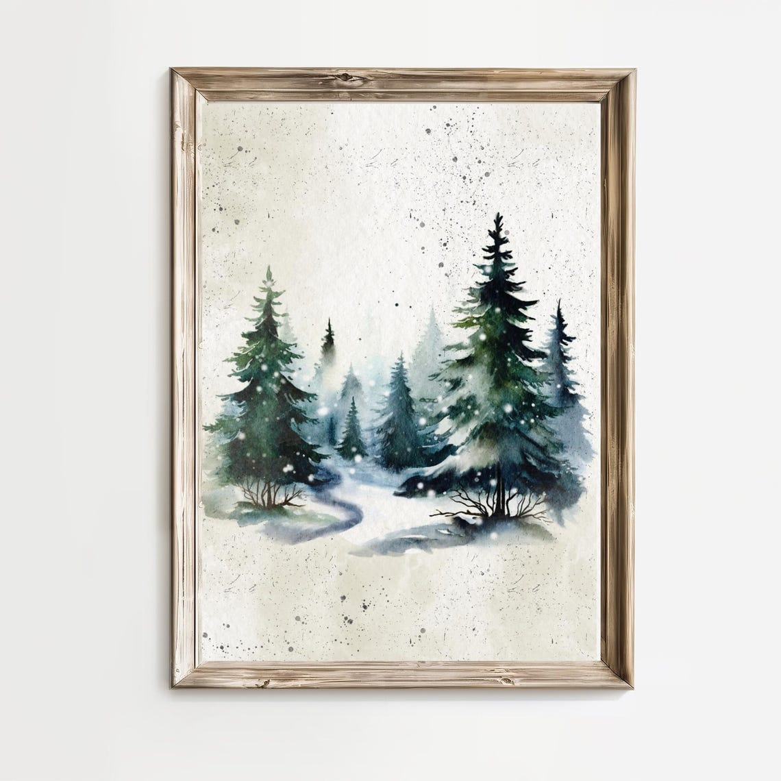 Snowy Pine Forest Watercolor Misty Winter Night Landscape Poster