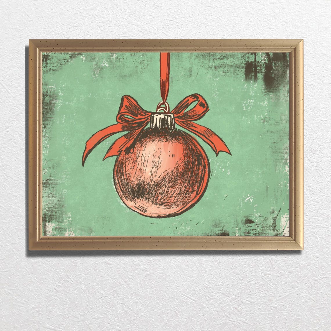 Red Christmas Bauble With Ribbon Bow Mint Green Vintage Poster - Image 3