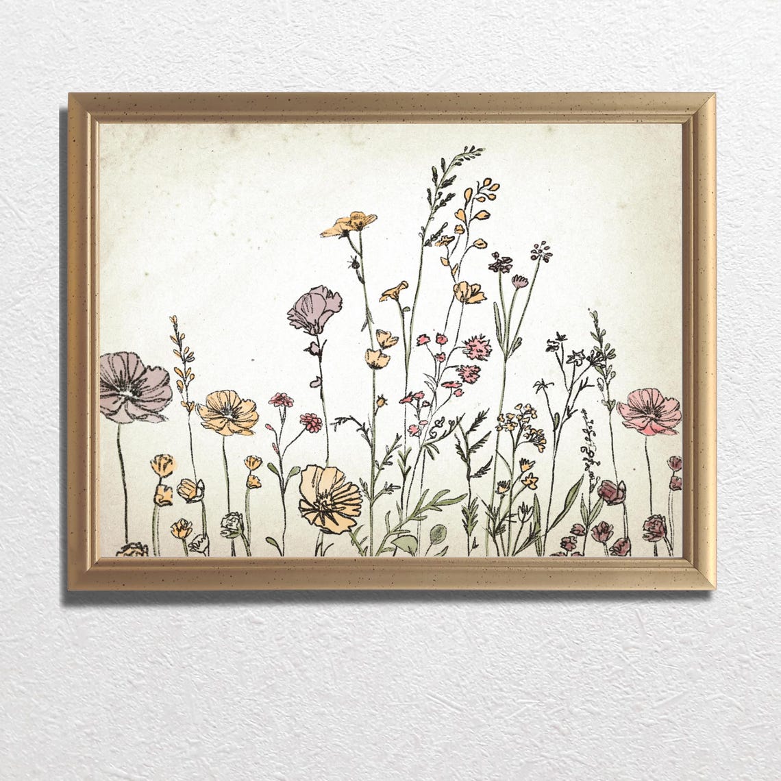 Wildflower Meadow in Pink and Yellow Vintage Botanical Art Print