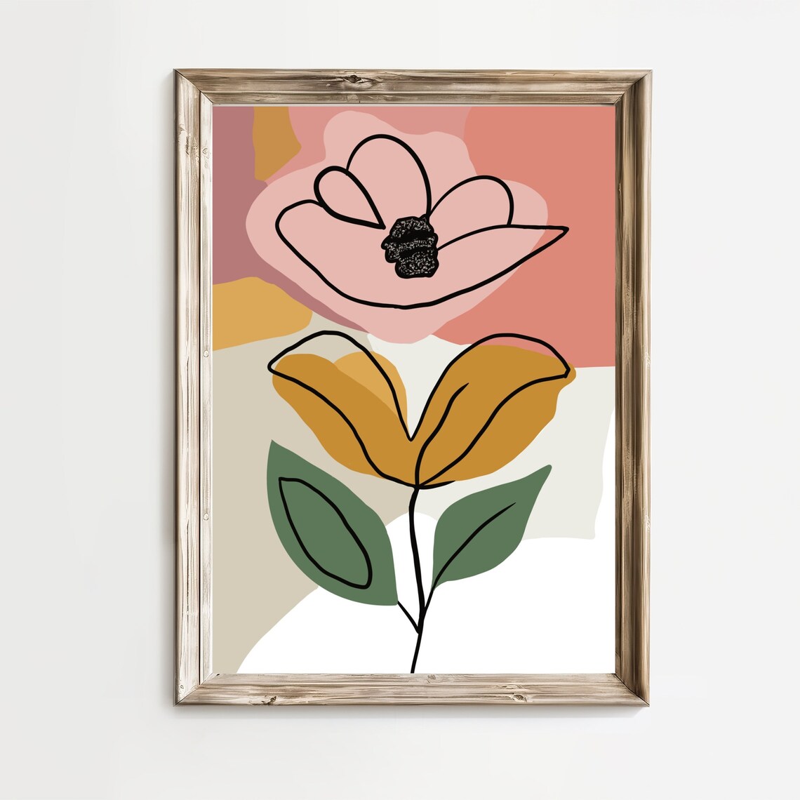 Abstract Pink Blossom and Mustard Tulip Line Art Floral Poster