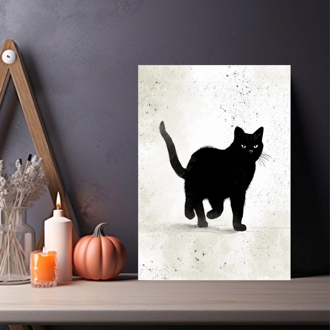 Black Cat Walking Toward Viewer With Tail Up in Ink Art Poster - Image 4