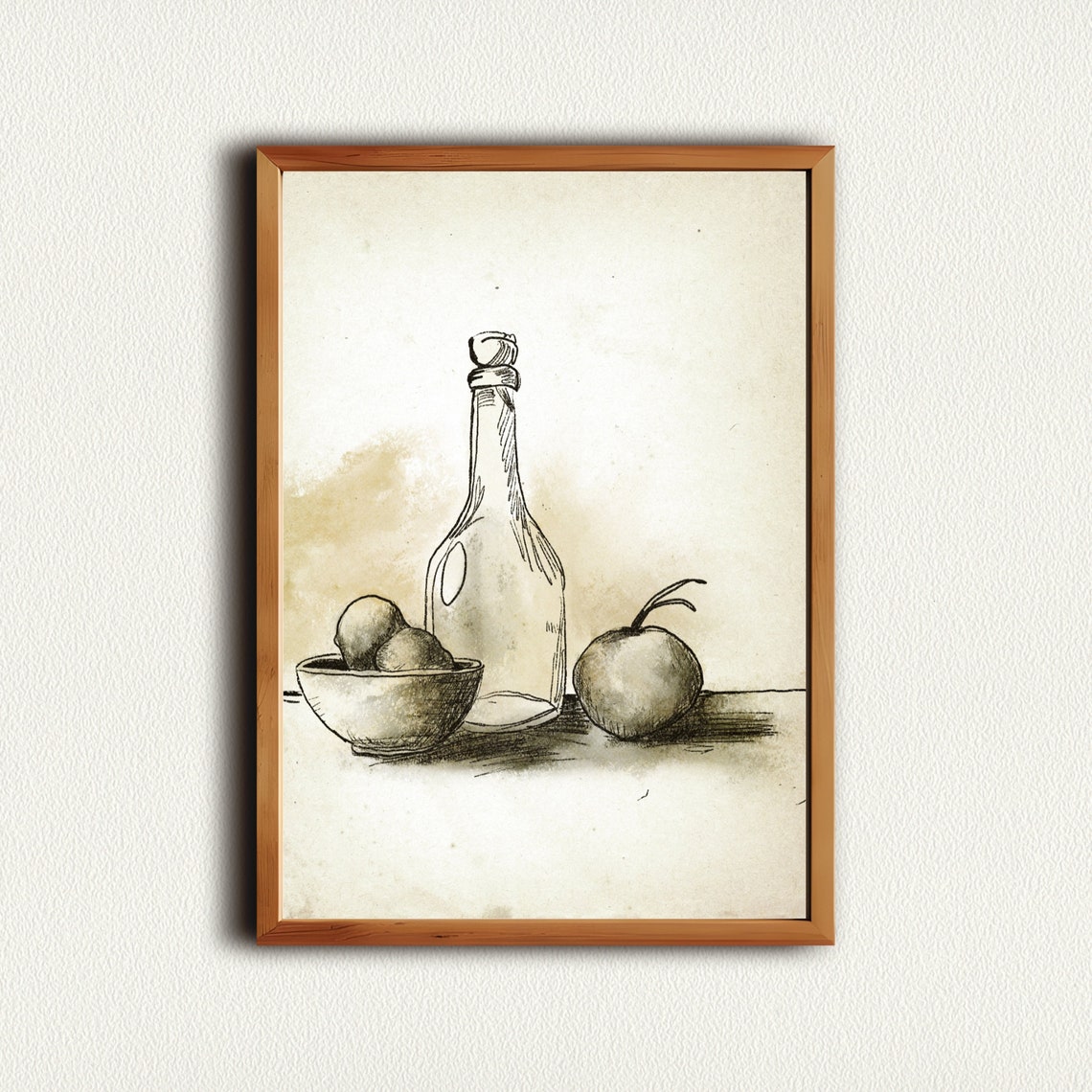 Vintage Still Life Sketch Bottle Bowl Fruit Neutral Kitchen Poster - Image 2
