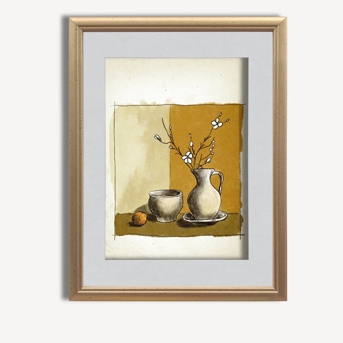 Antique Still Life Jug Blossom Branches Pot Orange Sepia Wall Art - Image 3