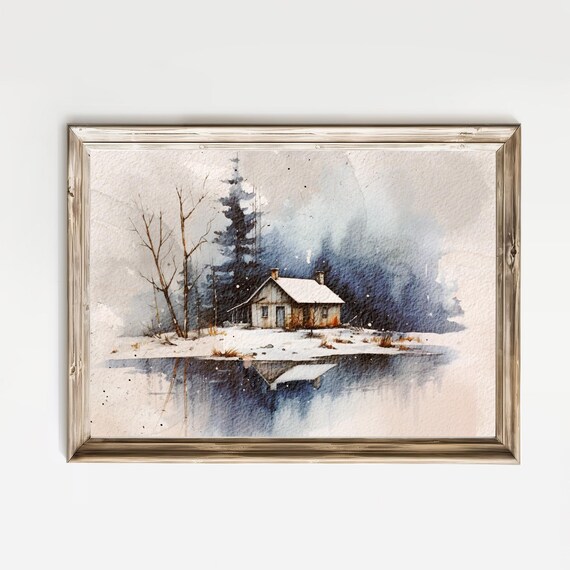 Lakeside Log Cabin Reflection In Snow Winter Watercolor Poster