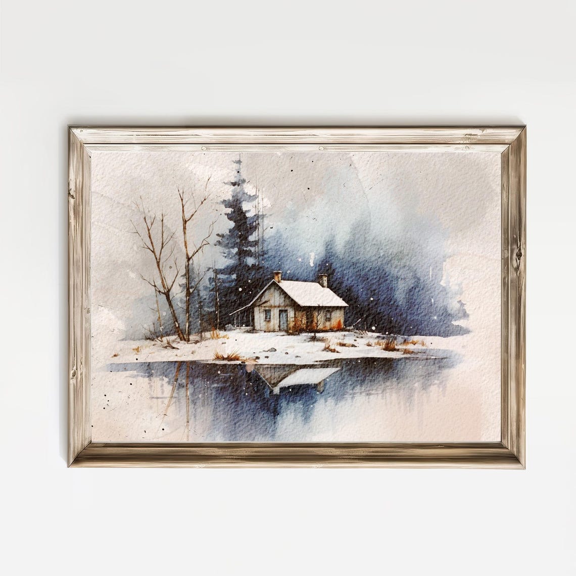 Lakeside Log Cabin Reflection In Snow Winter Watercolor Poster