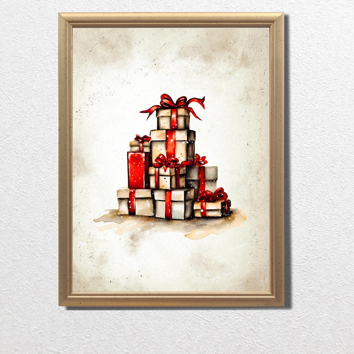 Cream Gift Boxes With Red Ribbons Vintage Christmas Wall Art - Image 3