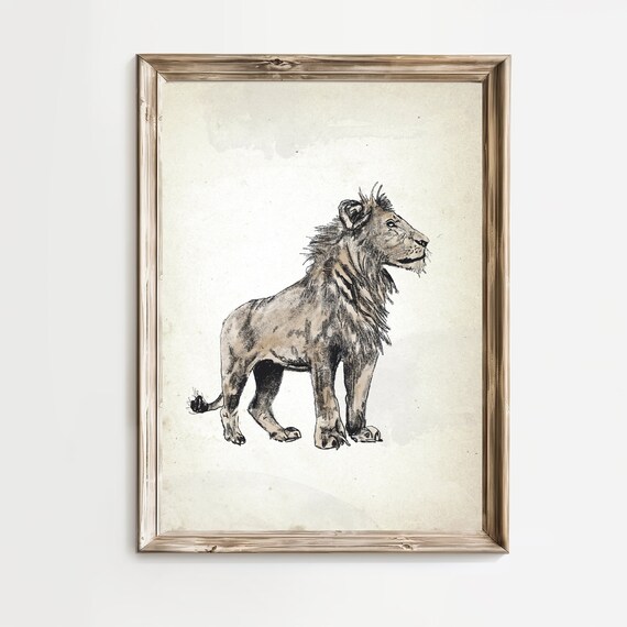 Standing Lion in Antique Safari Animal Sketch Nursery Poster