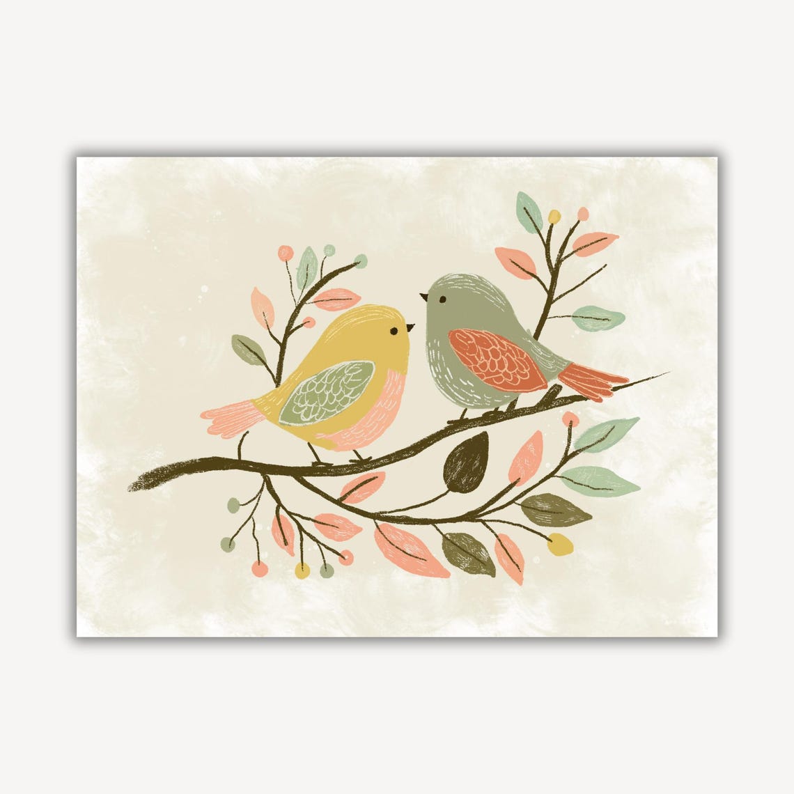 Two Pastel Songbirds On A Leafy Branch Folk Art Nursery Poster - Image 3