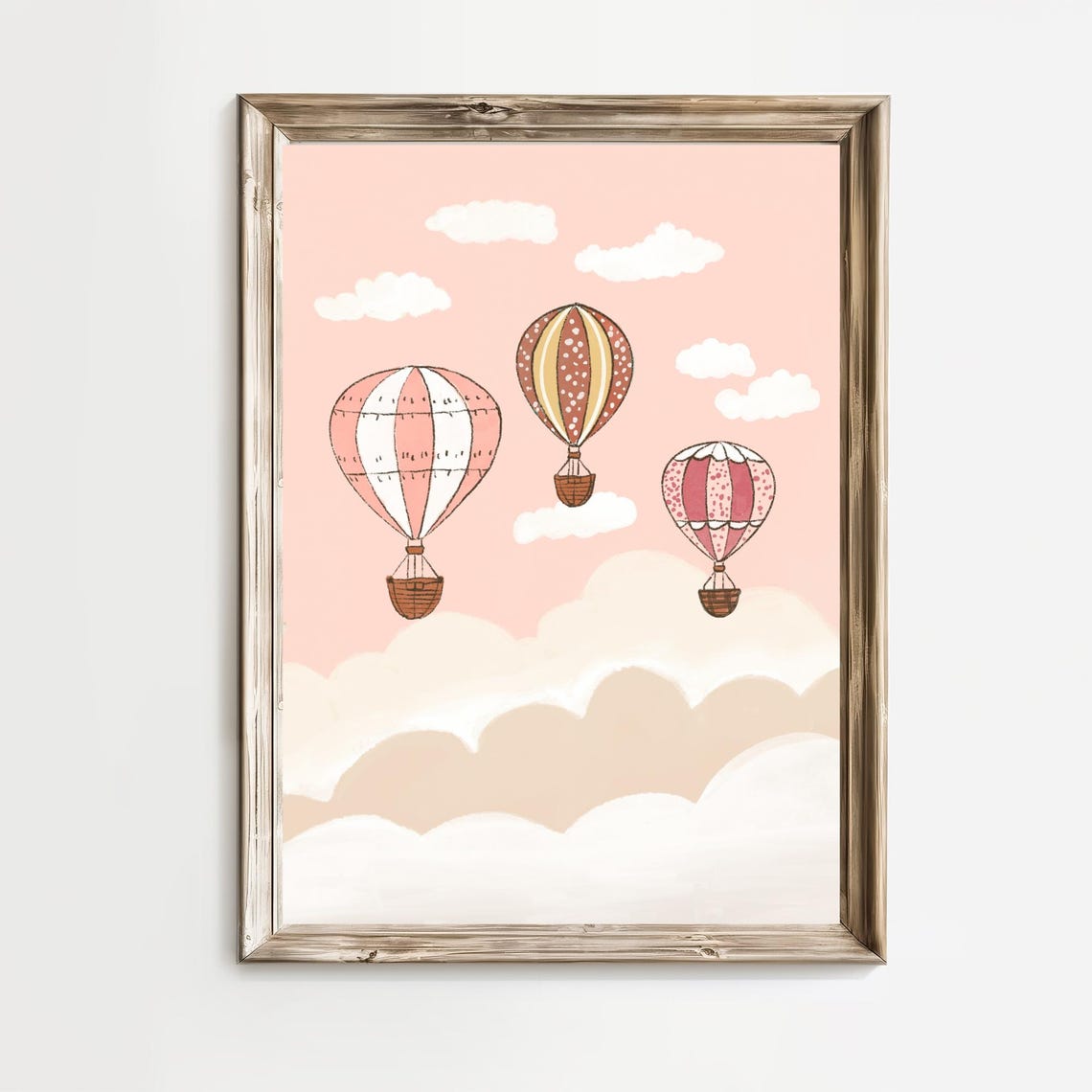 Three Pink Hot Air Balloons Floating Among Clouds Nursery Poster