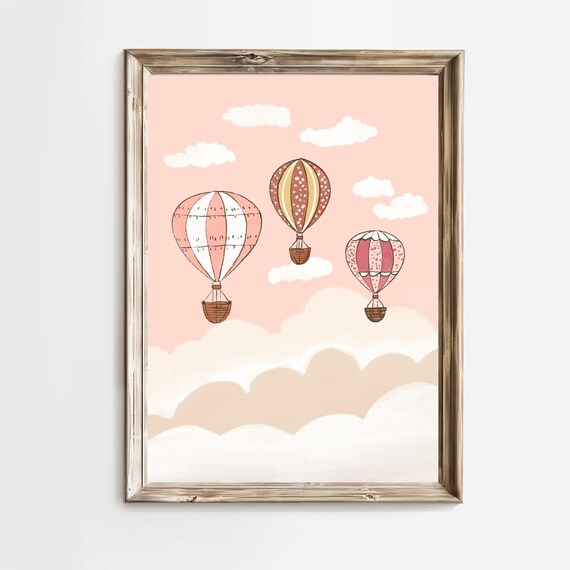 Three Pink Hot Air Balloons Floating Among Clouds Nursery Poster
