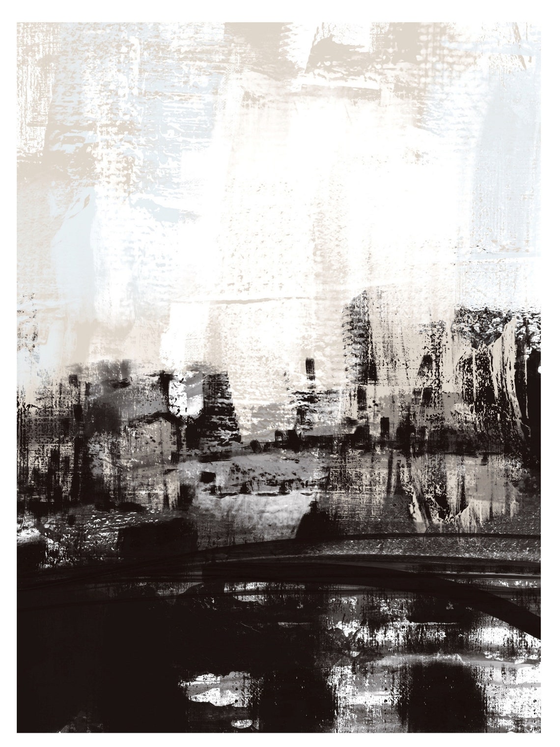 Dramatic Black and White Abstract City Skyline Modern Art Poster