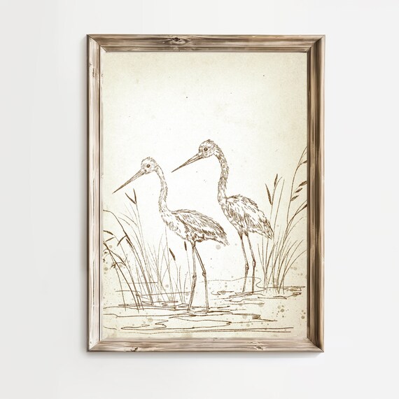 Two Herons Tall Marsh Grass Vintage Ink Sketch Bird Art Print