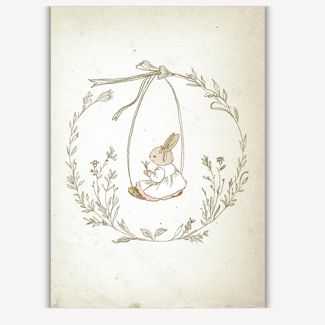 Vintage Bunny On Floral Swing Sketch Neutral Nursery Rabbit Wall Art - Image 3