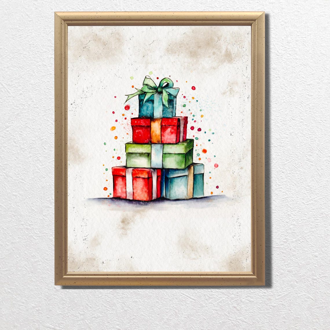 Colorful Christmas Gift Stack Watercolor Red Green Holiday Poster - Image 3