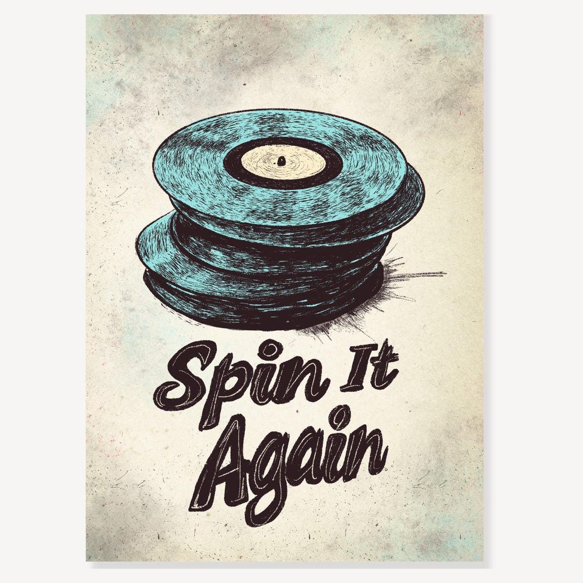 Spin It Again Retro Vinyl Records Teal Sketch Music Wall Art - Image 2
