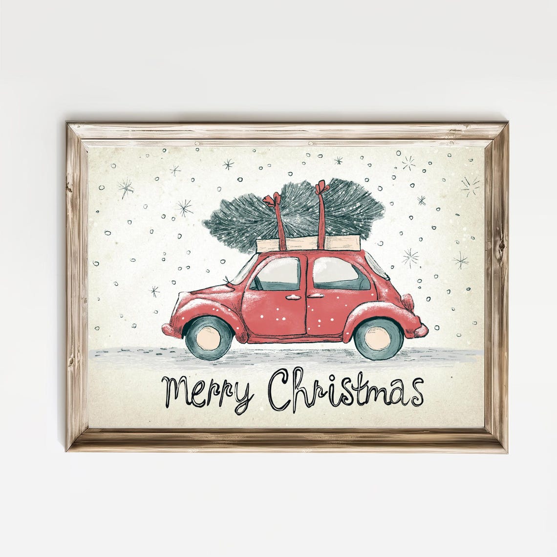 Red Vintage Car Carrying Christmas Tree Merry Christmas Print